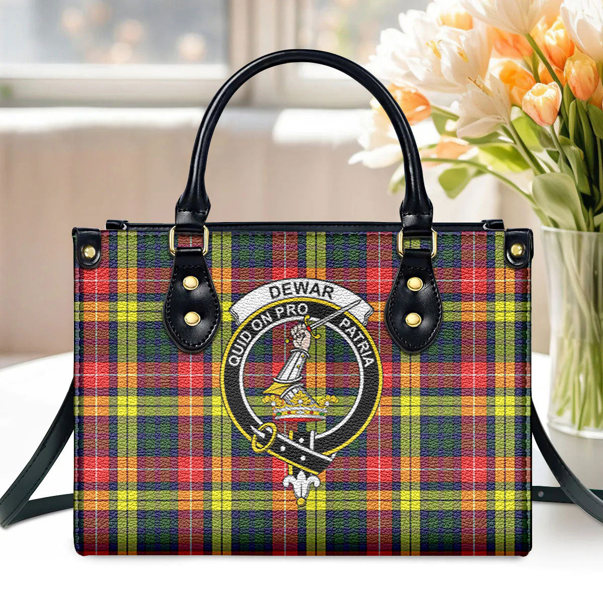Dewar Tartan Crest Leather Handbag For Cheap