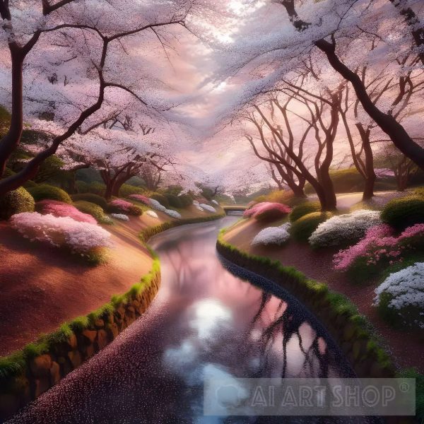 A serene cherry blossom park is in full bloom, with petals gently falling into a meandering stream. on Sale